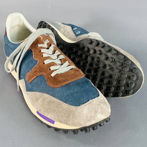 GOLDEN GOOSE STARLAND Size 11 Blue Grey Brown Color Block Canvas Suede Low Top Sneakers
