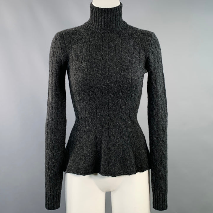 RALPH LAUREN Size S Grey Charcoal Cashmere Cable Knit Turtleneck Sweater