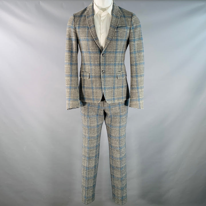 GUCCI Size 38 Black White Blue Glenplaid Wool Notch Lapel Suit