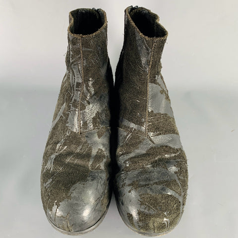 JULIUS_7 Size 9.5 Black Distressed Roughout Leather Wedge Boots