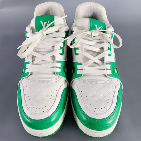 LOUIS VUITTON Size 11.5 LV Trainer Green White Two Toned Leather Sneakers