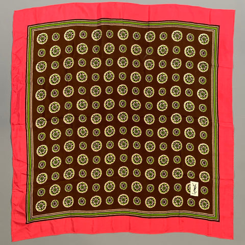 YVES SAINT LAURENT Brown Red Geometric Silk Blend Scarf
