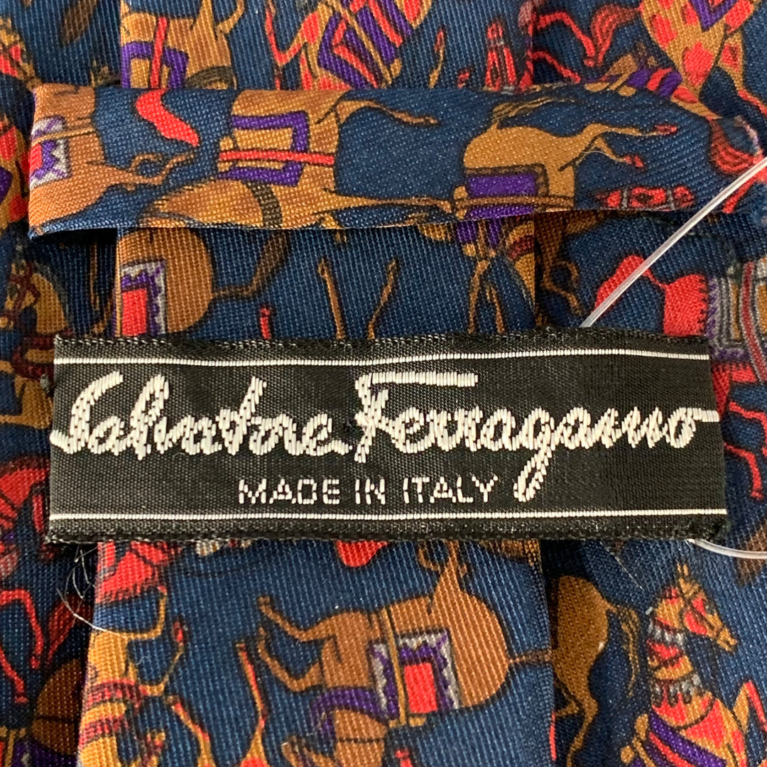 SALVATORE FERRAGAMO Navy Red Brown Horses Silk Tie