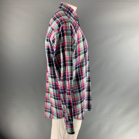 PETER MILLAR Size XL Blue Pink Checkered Cotton One pocket Long Sleeve Shirt
