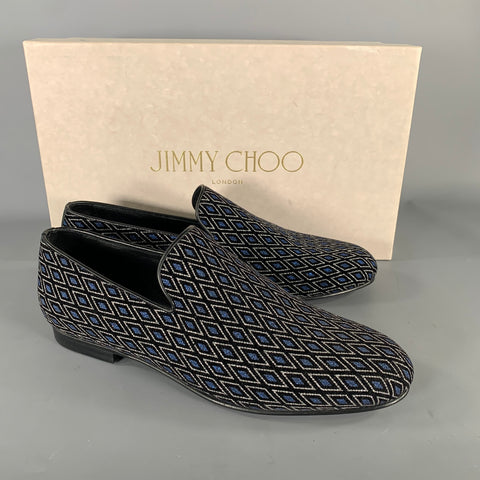 JIMMY CHOO Sloane Size 8 Navy Black Diamond Velvet Loafers