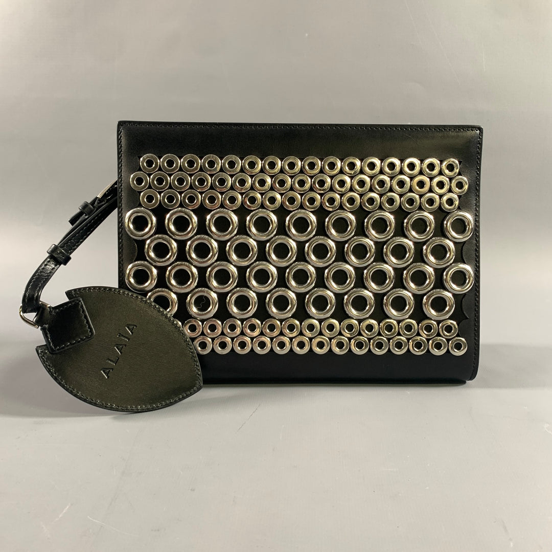 ALAIA Black Silver Grommets Leather Clutch Handbag