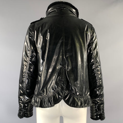 ARMANI COLLEZIONI Size 6 Black Polyurethane Ruffled Double Breasted Coat