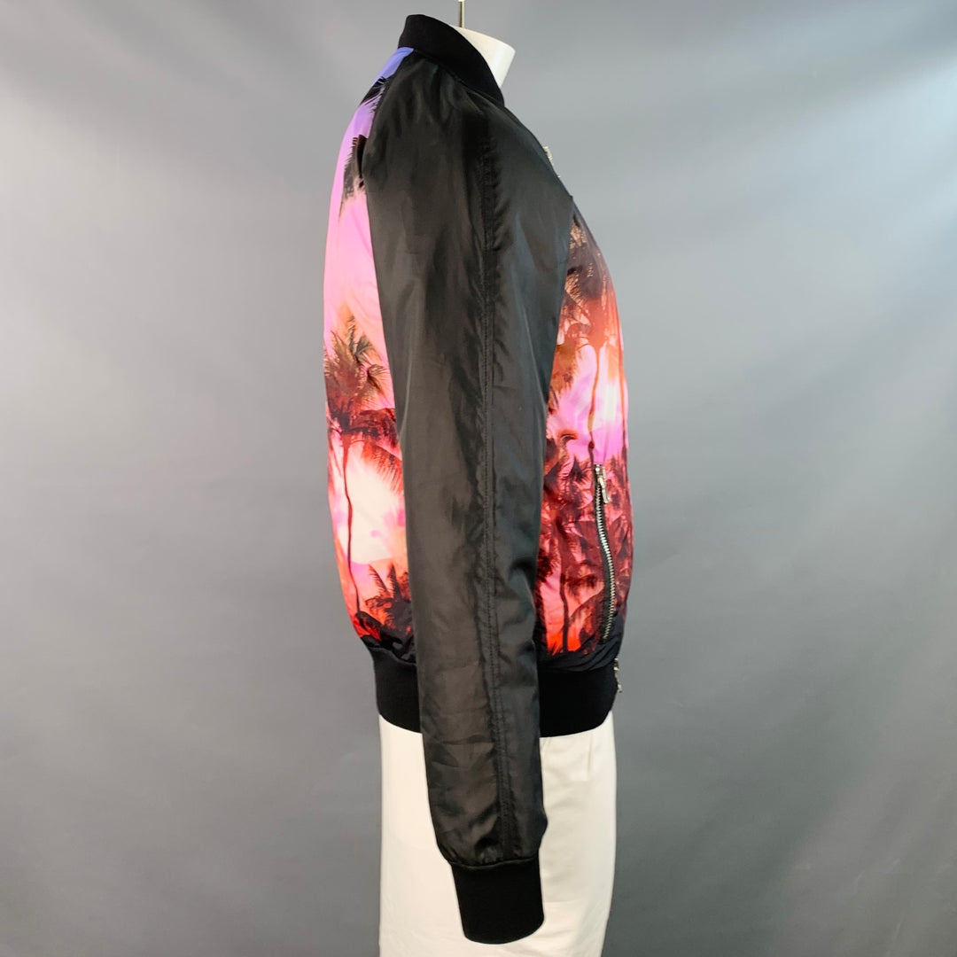 BALMAIN Size L Black Pink Palms Polyester Bomber Jacket
