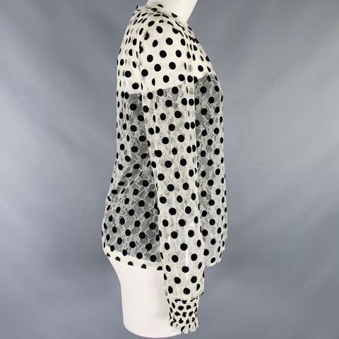 AKRIS Size 4 Off White Black Viscose Blend Polka Dot Collarless Blouse