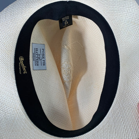 BORSALINO x PORK PIE HATTERS Cream Blue Woven Straw Fedora Hat
