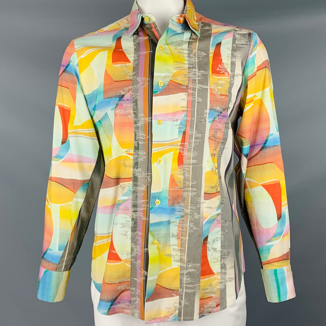 ROBERT GRAHAM Talla L Camisa de manga larga de algodón con estampado de arte abstracto multicolor