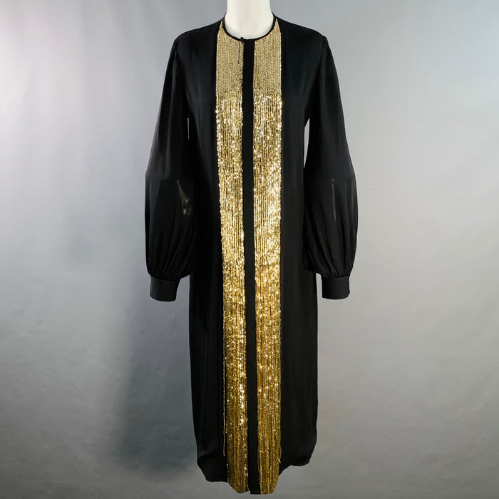 DSQUARED2 Size 8 Black Gold Silk Beaded Collarless Shirt Dress