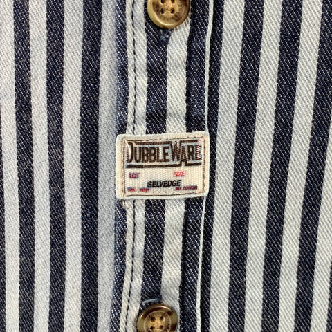 DUBBLE WARE Size L Blue Navy Stripe Cotton Patch Pockets Long Sleeve Shirt