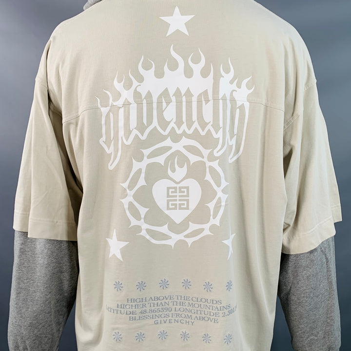 GIVENCHY Size L Cream Grey Jersey Double Layer Hooded Sweatshirt