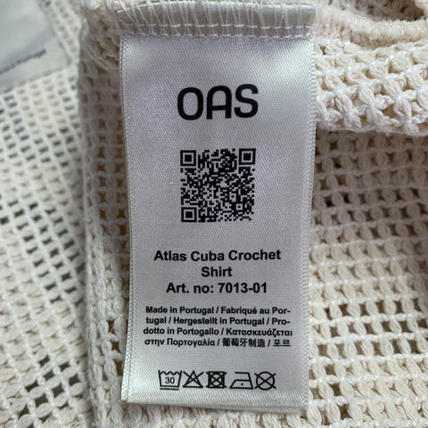 OAS Size L Atlas Cuba Crochet Cream Geometric Cotton Blend Short Sleeve Shirt