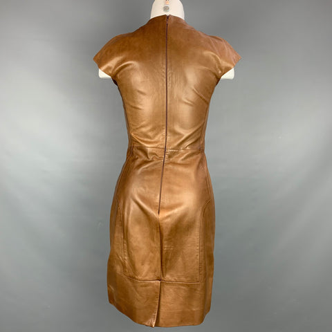 YVES SAINT LAURENT Size 6 Tan Leather Cap Sleeves Shift Dress