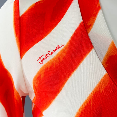 JUST CAVALLI Size XS Red White Viscose Blend Jersey Zig Zag 3/4 Sleeves V-Neck Casual Top