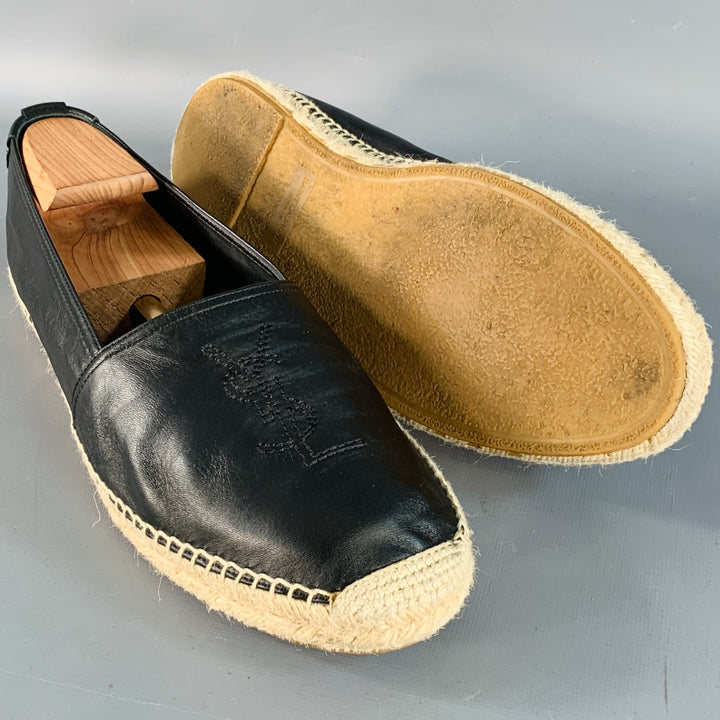 SAINT LAURENT Size 12 Black Natural Logo Leather Espadrille Sneakers