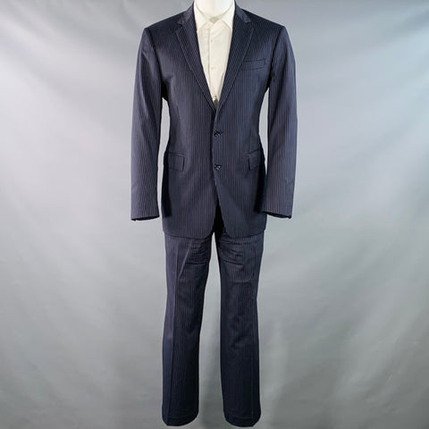 RALPH LAUREN Size 40 Navy Grey Stripe Virgin Wool Notch Lapel Suit