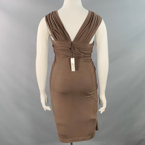 DONNA KARAN Size L Brown Wool Jersey Ruched Sleeveless Midi Dress