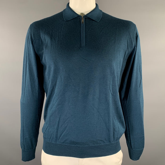 BRIONI Taille XXL Bleu sarcelle Pull en cachemire et soie tricoté avec col zippé
