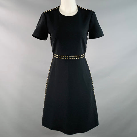 BURBERRY Size 6 Black Gold Viscose Blend Studded Shift Dress