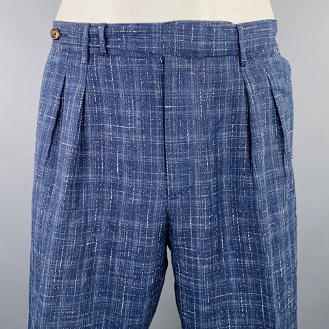 PT01 Size 38 Navy White Plaid Linen Blend Pleated Casual Pants