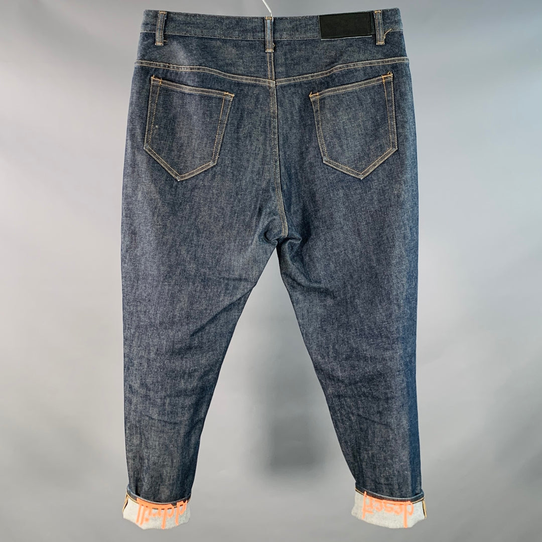 YOSHIO KUBO Size 34 Blue Cotton Blend Twill Contrast Stitch Painted Cuff Cropped Jeans