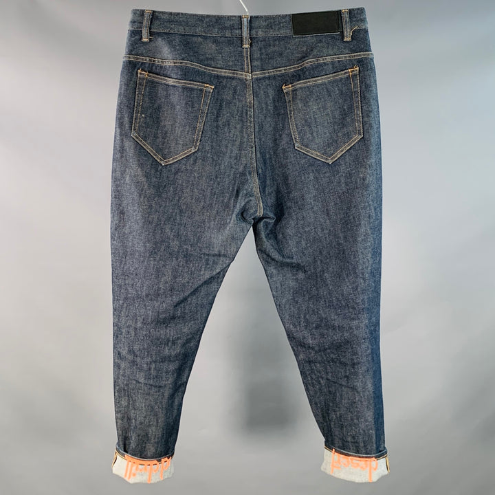 YOSHIO KUBO Size 34 Blue Cotton Blend Twill Contrast Stitch Painted Cuff Cropped Jeans