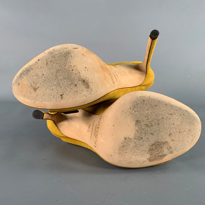 JIMMY CHOO Size 4.5 Yellow Brown Suede Buckle Stiletto Cage Boots