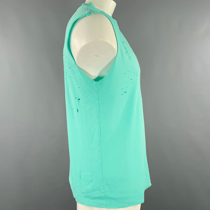 SATISFY Size L Turquoise White Distressed Organic Cotton Print Tank Top