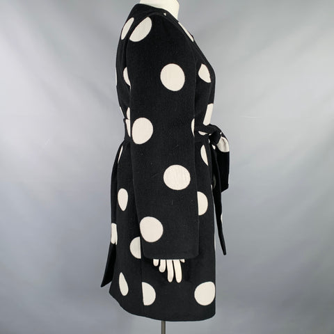 KATE SPADE Size L Black White Wool Blend Polka Dot Collarless Coat