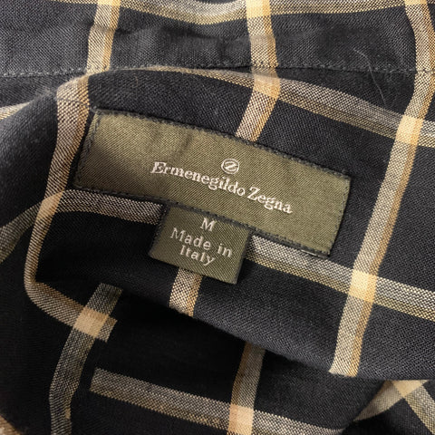 ERMENEGILDO ZEGNA Size M Black Yellow Cream Plaid Linen Rayon Short Sleeve Shirt