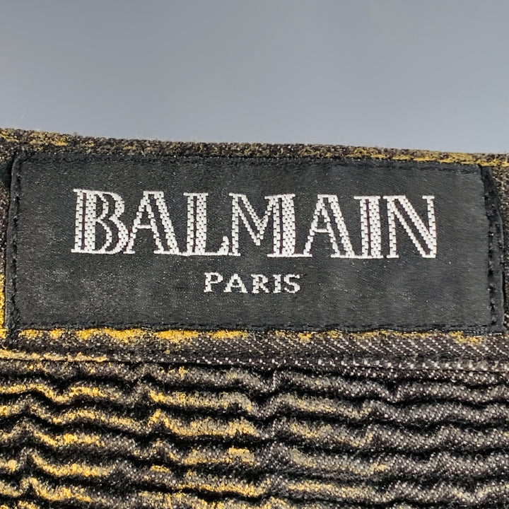 BALMAIN Size 38 Metallic Gold Black Cotton Slim Biker Jeans