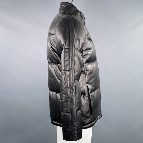 MOOSE KNUCKLES Size L Black Quilted Lambskin Leather Zip Pockets Coat