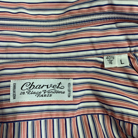 CHARVET Size M/L Red White Blue Stripe Cotton Curved Cutaway Long Sleeve Shirt