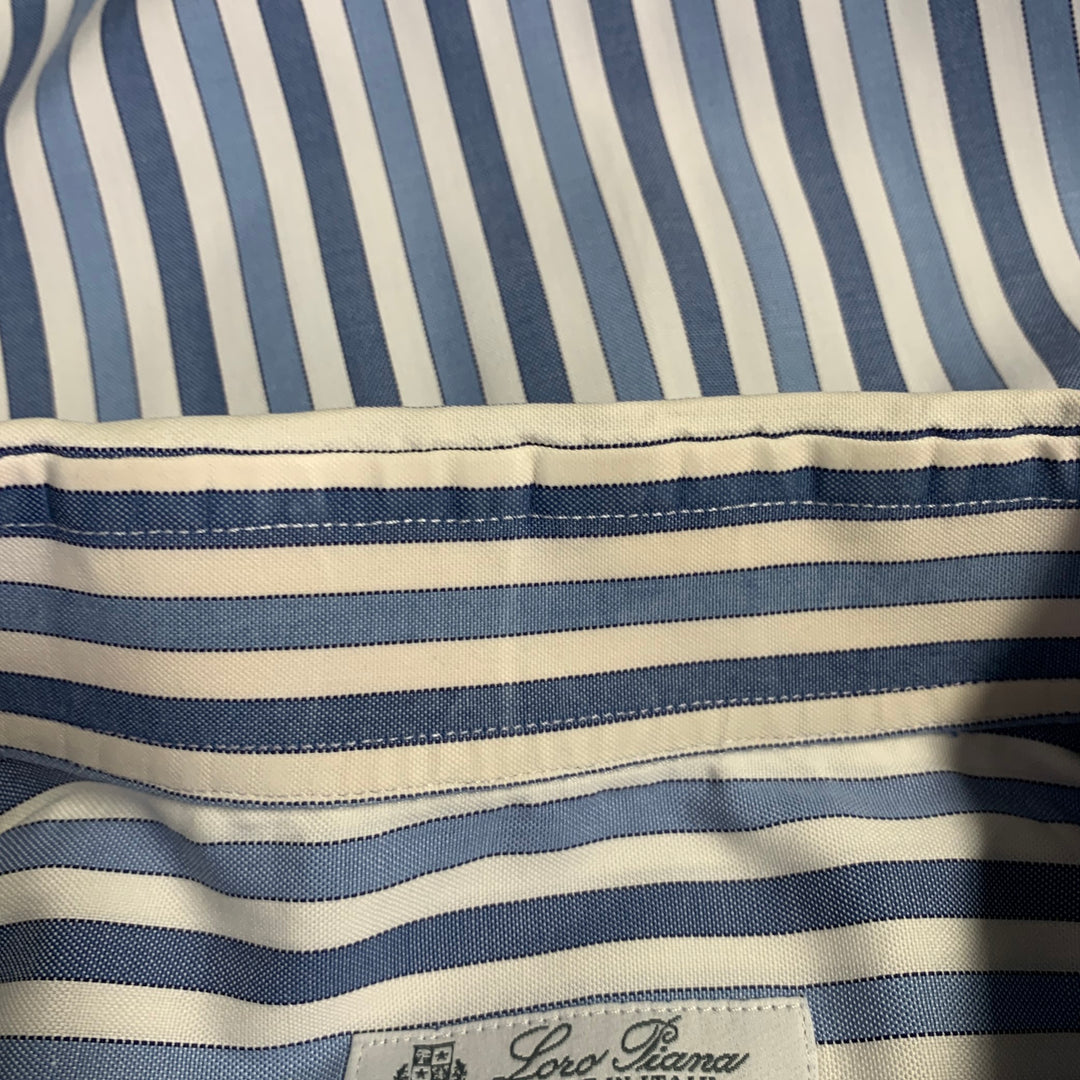 LORO PIANA Size XL Blue White Stripe Cotton One Pocket Long Sleeve Shirt