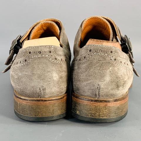 JOHN VARVATOS Size 9.5 Grey Suede Perforated Double Monk Strap Loafers