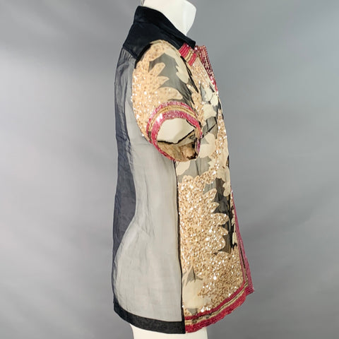 DRIES VAN NOTEN Size XS Black Beige Pink Sequined Silk Short Sleeve Shirt
