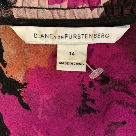 DIANE VON FURSTENBERG Size 14 Fuchsia Orange Silk Floral Shift Dress