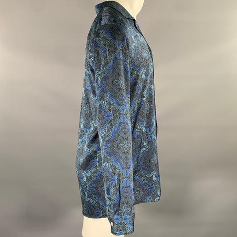 BED J.W. FORD Size M Blue Navy Paisley Polyester Camp Long Sleeve Shirt