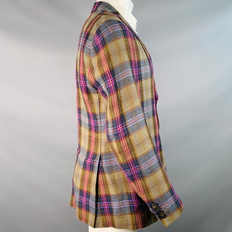 ETRO Size 40 Multi Color Plaid Linen Blend Notch Lapel Sport Coat