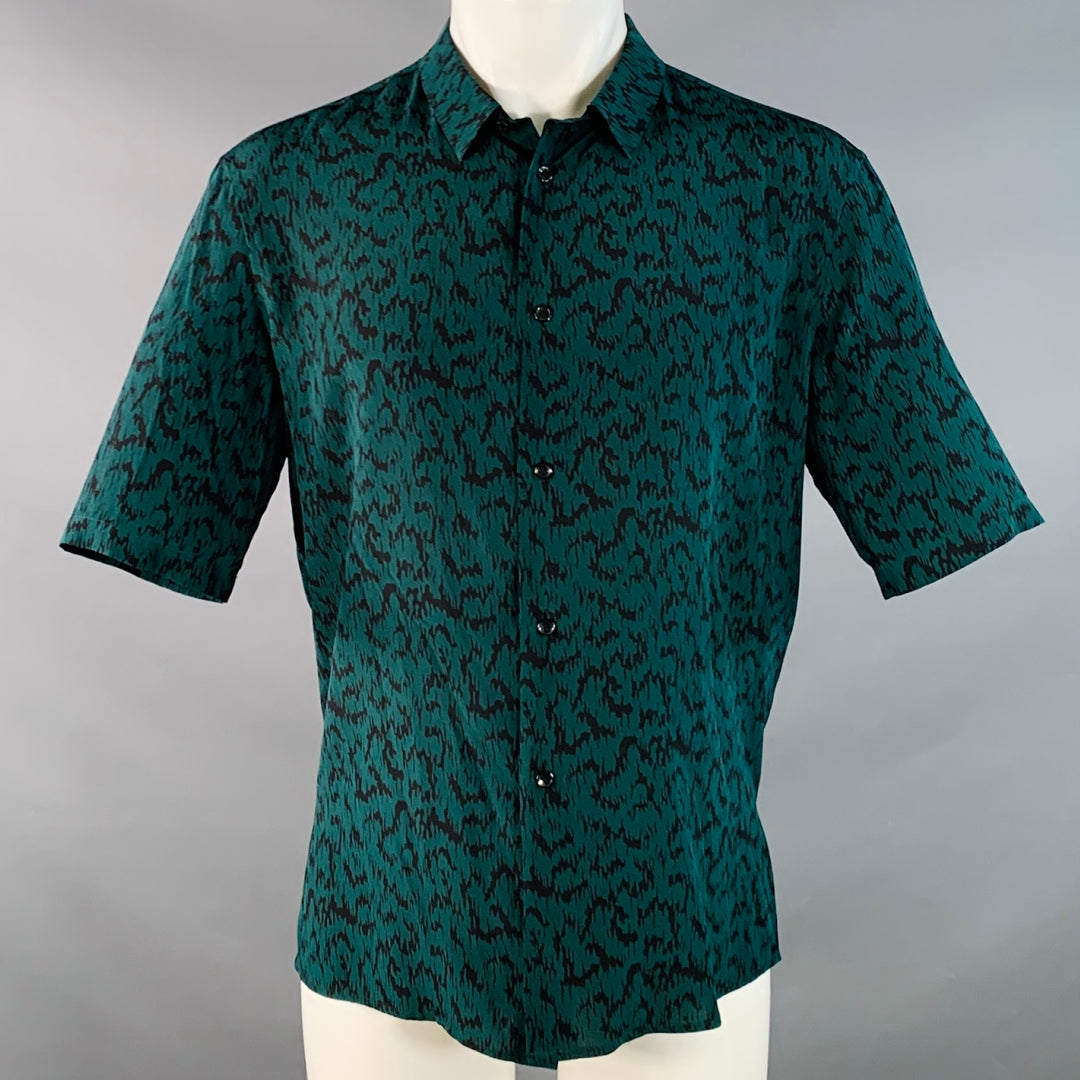 SAINT LAURENT Size S Green Black Abstract Zig Zag Silk Spread Collar Short Sleeve Shirt