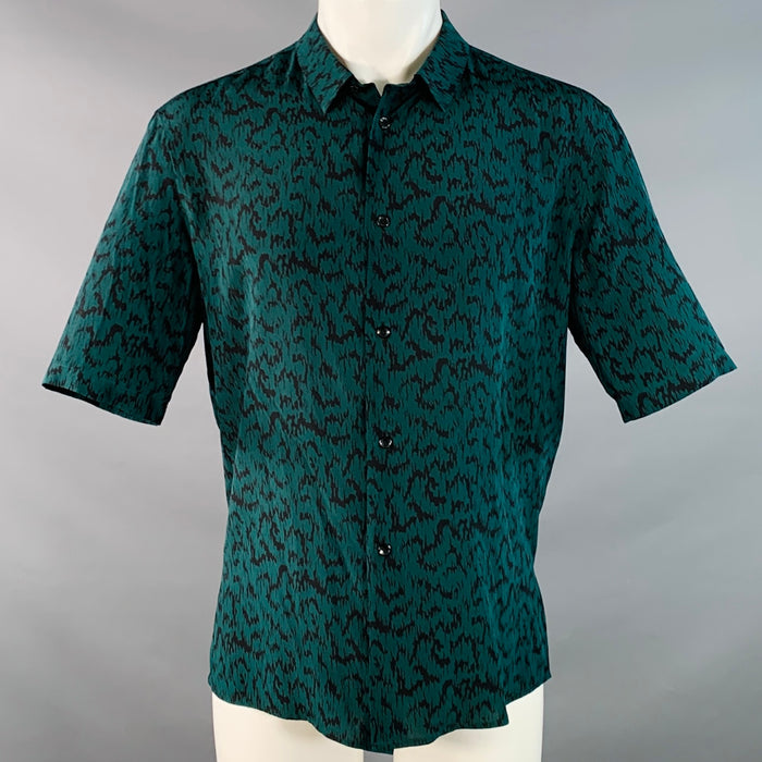 SAINT LAURENT Size S Green Black Abstract Zig Zag Silk Spread Collar Short Sleeve Shirt