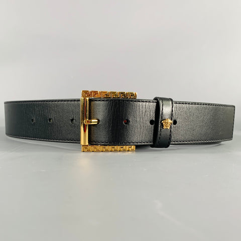 VERSACE Size 34 Black Gold Greca Leather Belt