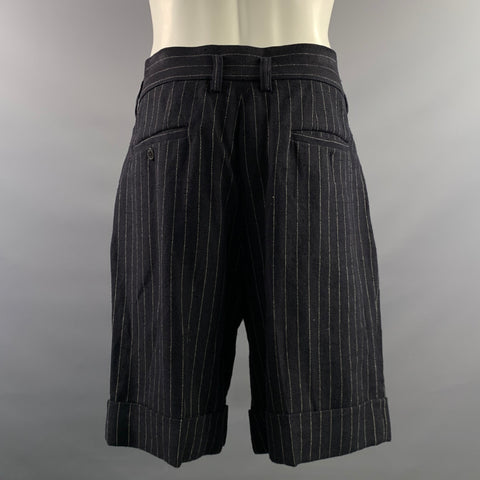 DRIES VAN NOTEN Size 38 Navy Beige Pinstripe Wool  Linen Pleated Shorts
