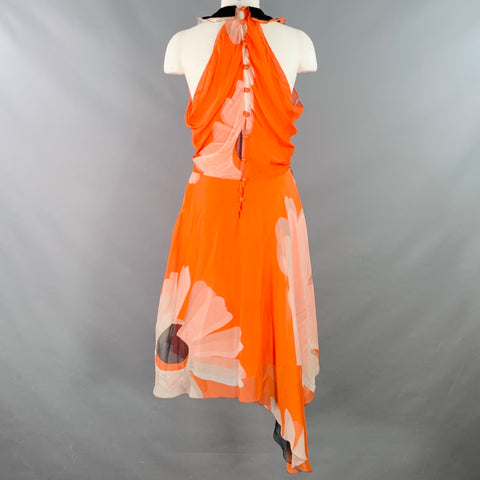 SONIA RYKIEL Size M Orange Black Silk Abstract Sleeveless Velvet Trim Asymmetrical Midi Dress
