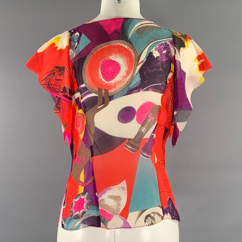 CHRISTIAN LACROIX Size S Red Yellow Silk Floral V-Neck Blouse