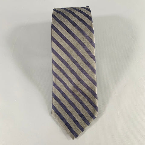 BARNEY'S NEW YORK Grey Navy Diagonal Stripe Silk Cotton Tie