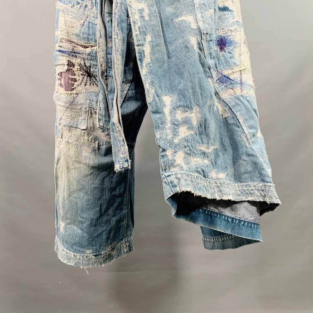 KAPITAL KOUNTRY Size L Crash Reissue Blue White Distressed Cotton Drop-Crotch Casual Pants